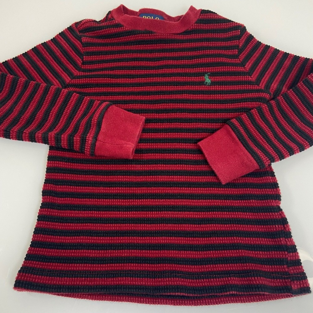 Polo Ralph‎ Lauren Boys Red Black Striped Waffle Cotton Tee Long Sleeve Preppy